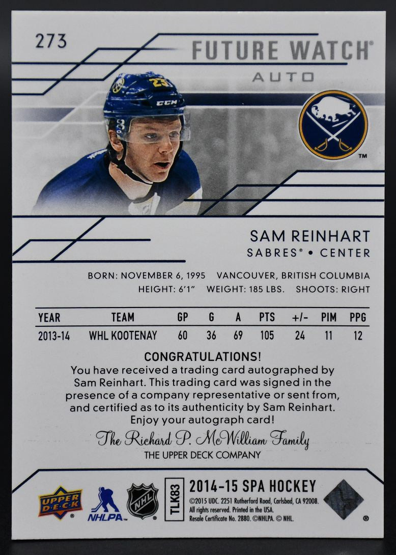 2014-15 SP Authentic Sam Reinhart 273 Buffalo Sabres RC Auto 420/999