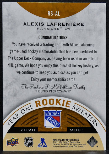 2021-22 UD Artifacts Year One Rookie Sweaters Alexis Lafreniere RC Jersey 9323