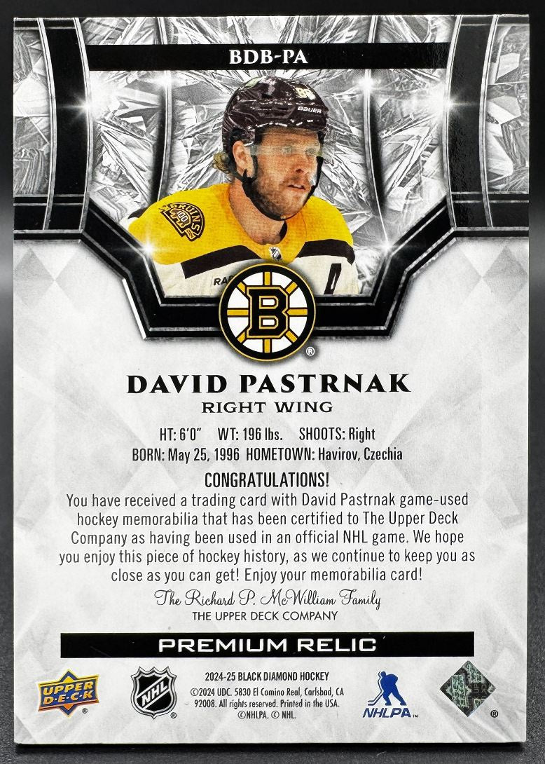 2024-25 UD Black Diamond Premium Relics David Pastrnak Boston Bruins /25 Patch