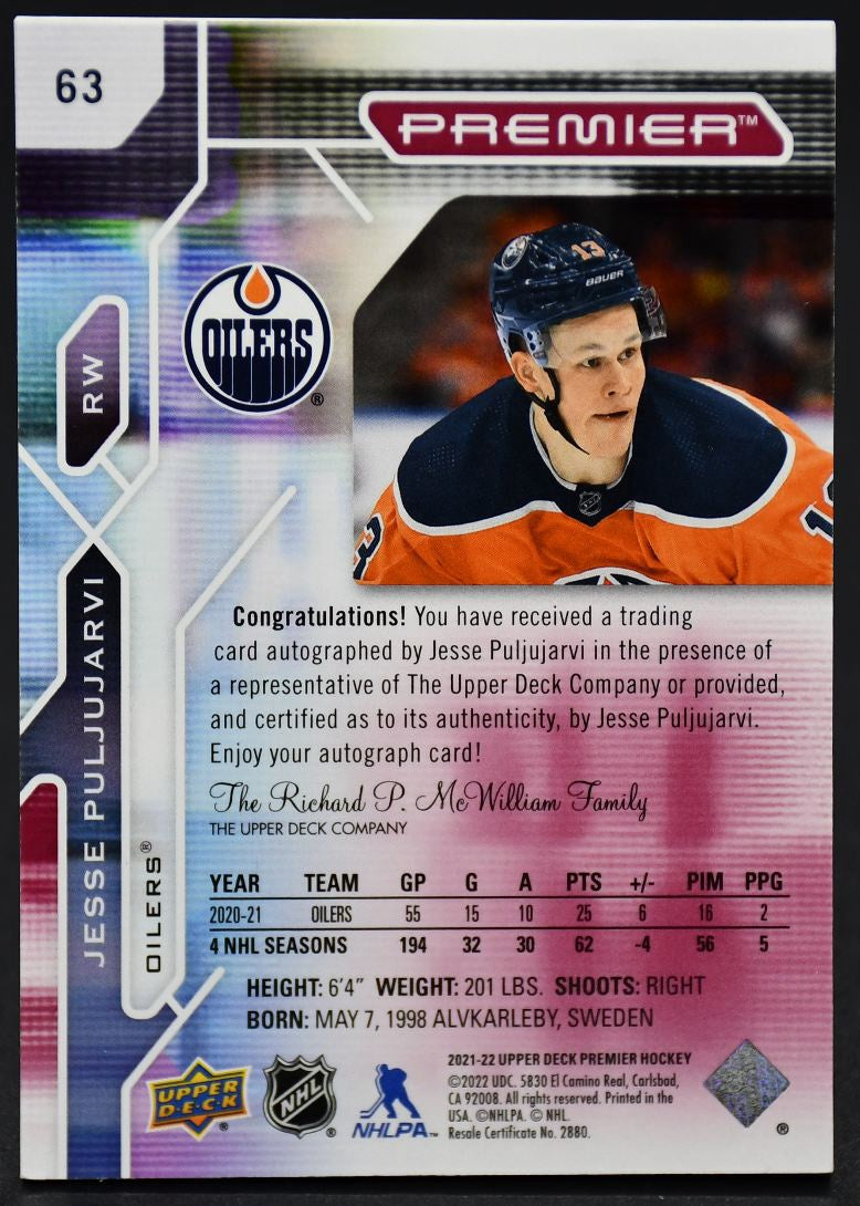 2021-22 UD Premier Jesse Puljujarvi 63 Edmonton Oilers Auto