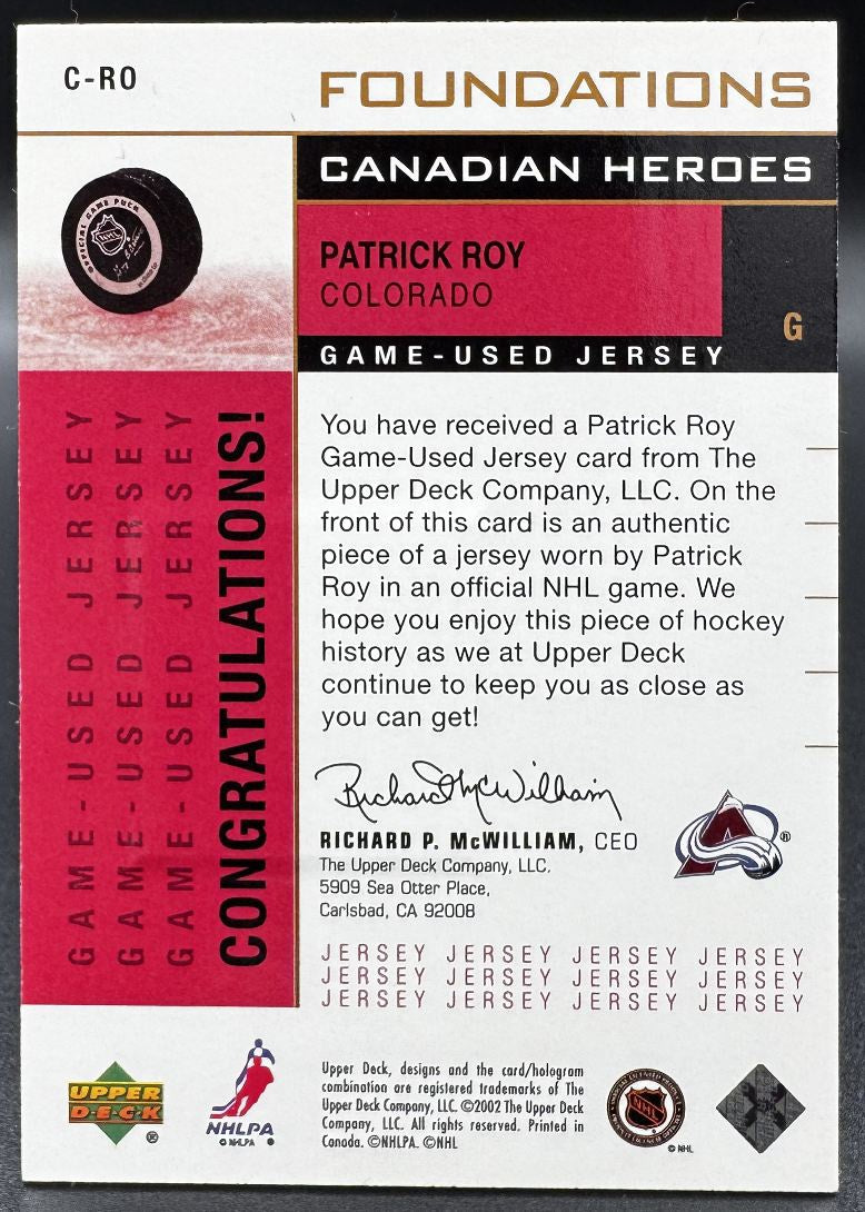 2002-03 UD Foundations Canadian Heroes Patrick Roy Colorado Avalanche Jersey
