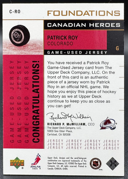 2002-03 UD Foundations Canadian Heroes Patrick Roy Colorado Avalanche Jersey