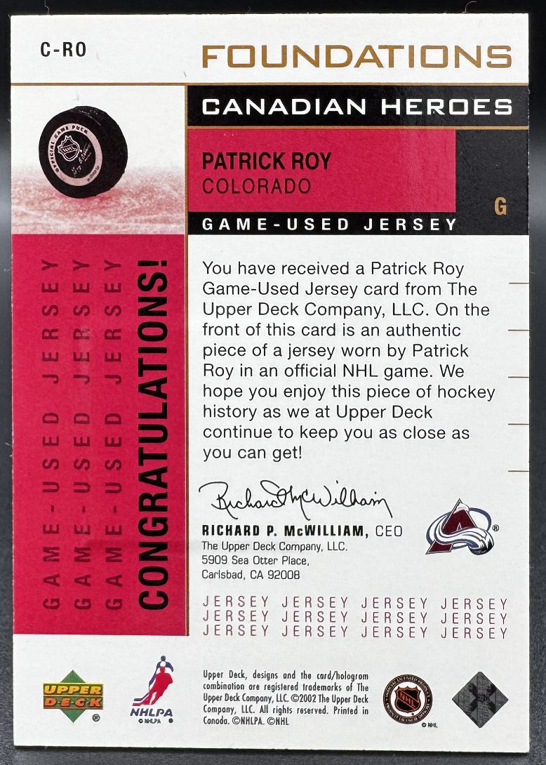 2002-03 UD Foundations Canadian Heroes Patrick Roy Colorado Avalanche Jersey