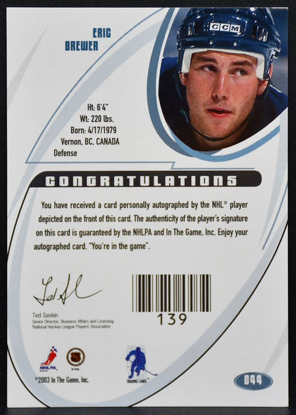2002-03 In The Game Signature Series Gold Eric Brewer 044 Oilers Auto 8669
