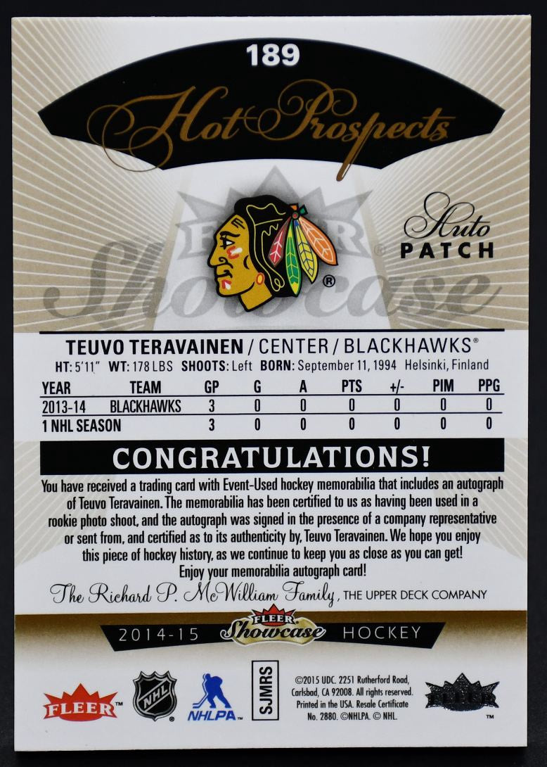 2014-15 Fleer Showcase Hot Prospect Teuvo Teravainen 189 RC Auto 141/375 Patch