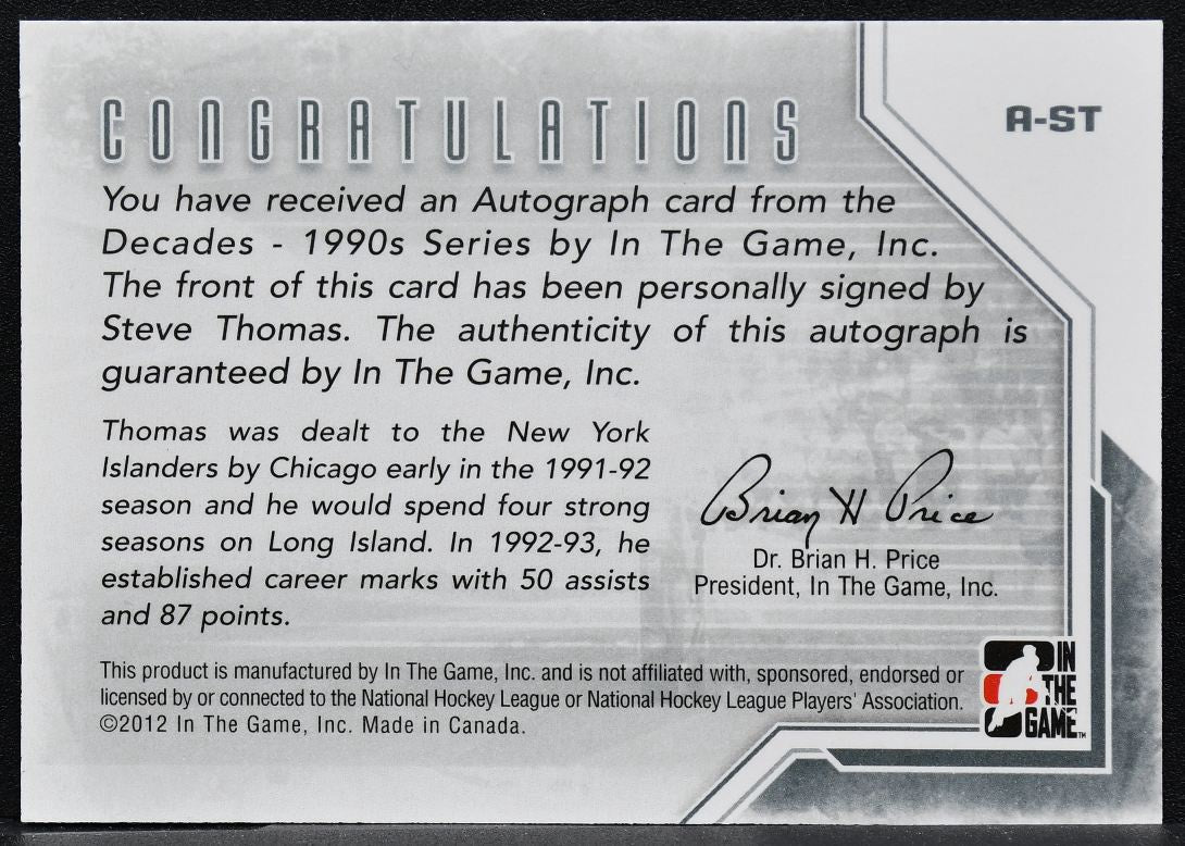 2012-13 In The Game Decades 1990s Autographs Steve Thomas A-ST Auto 9866