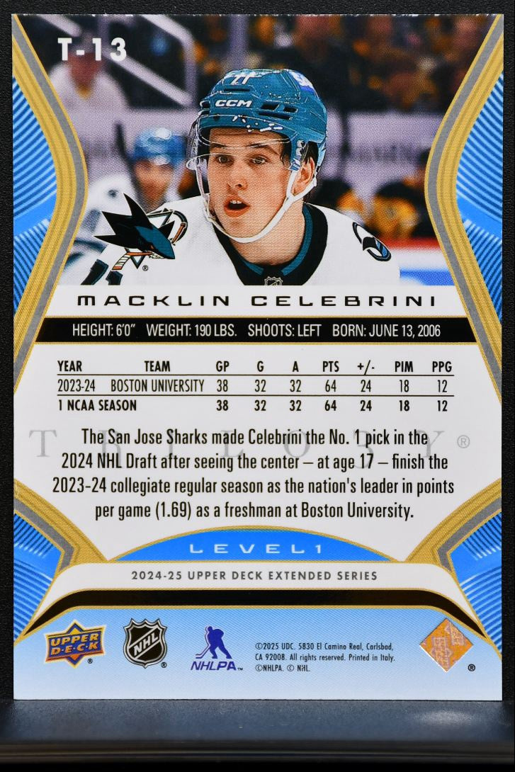2024-25 UD Extended Series Trilogy Premieres Level 1 Celebrini RC 056/999 7580