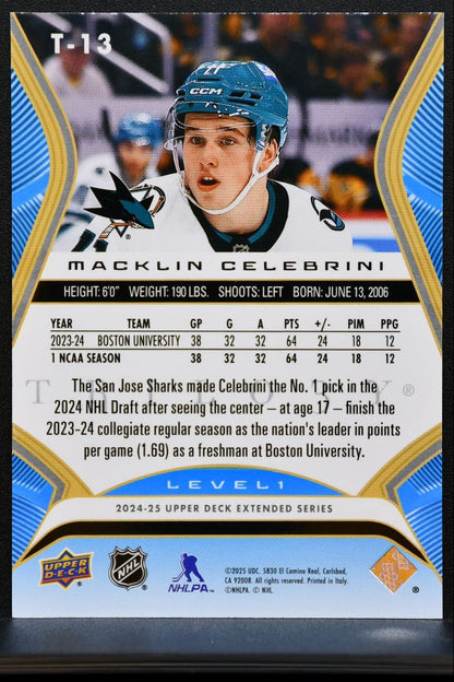 2024-25 UD Extended Series Trilogy Premieres Level 1 Celebrini RC 056/999 7580