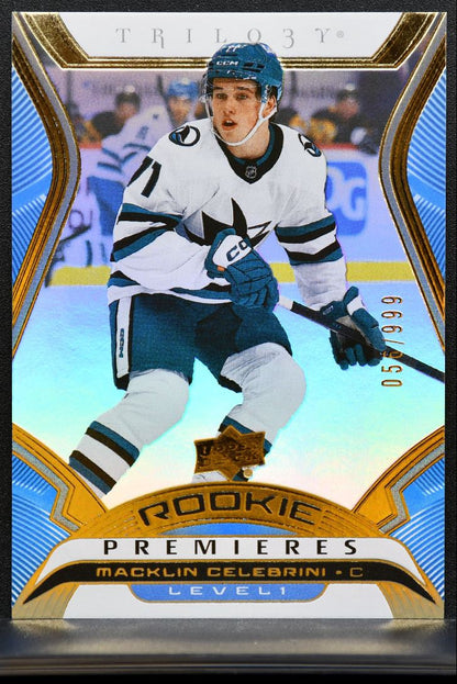 2024-25 UD Extended Series Trilogy Premieres Level 1 Celebrini RC 056/999 7580