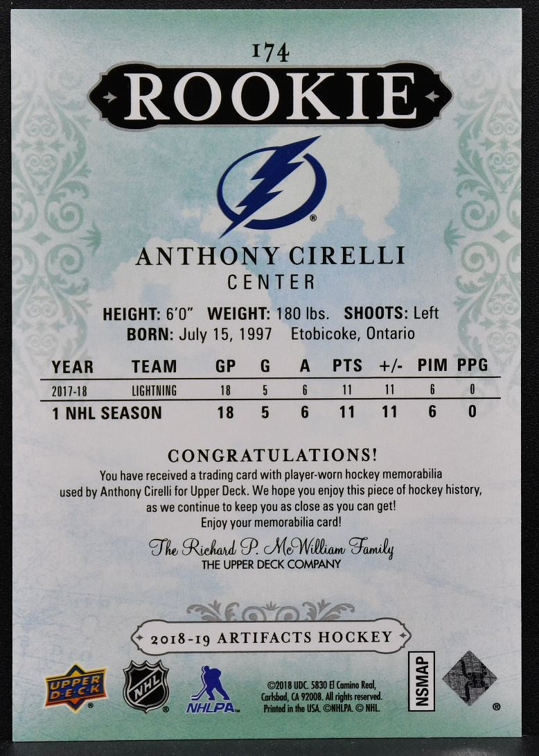 2018-19 UD Artifacts Rookie Material Jersey Silver Cirelli RC Jersey 7978