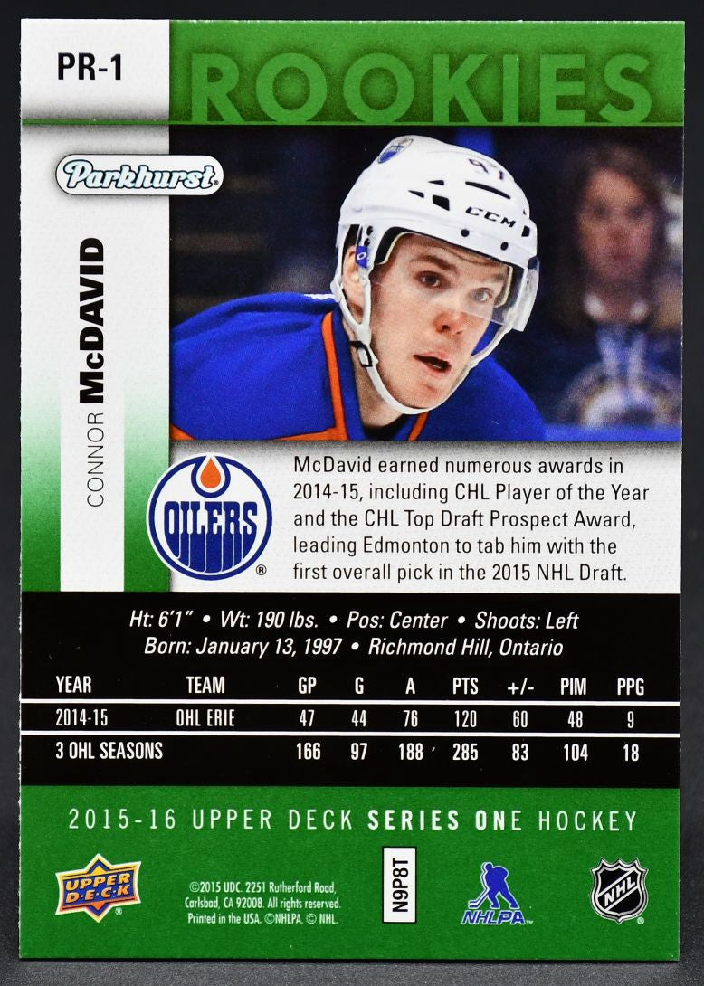 2015-16 UD Series 1 Parkhurst Rookie Connor McDavid PR-1 RC
