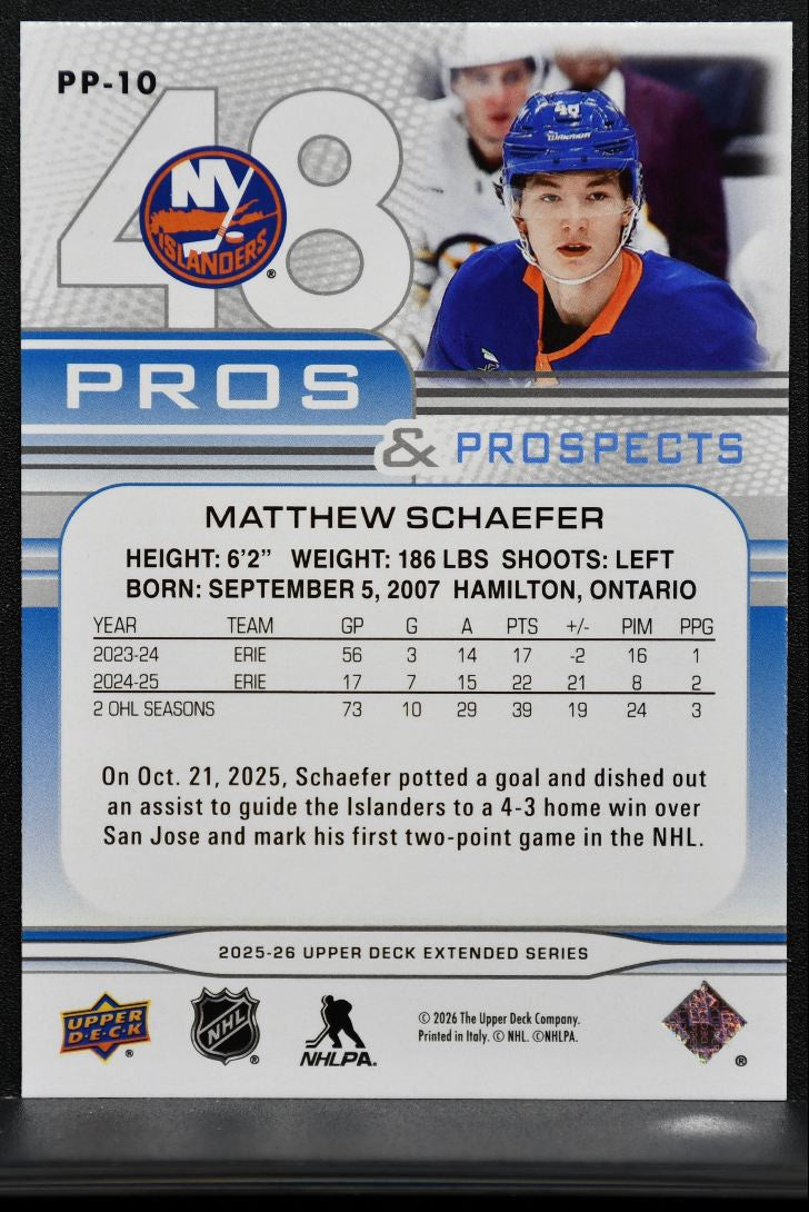 2025-26 UD Pros and Prospects Matthew Schaefer PP-10 New York Islanders RC 9057