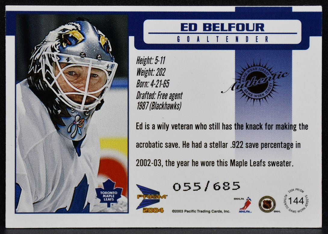 2003-04 Pacific Authentic Game-Worn Belfour Maple Leafs Auto 055/685 Jersey 6689