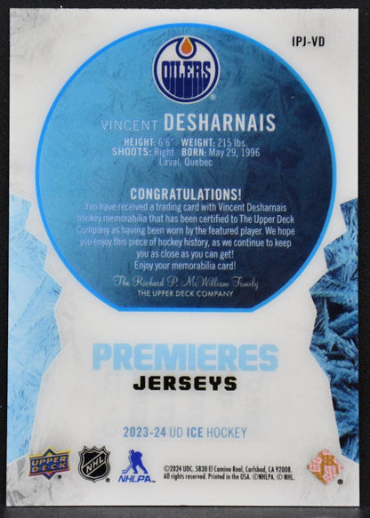 23-24 UD Ice Premieres Jersey Vincent Desharnais IPJ-VD Oilers RC Jersey 2783