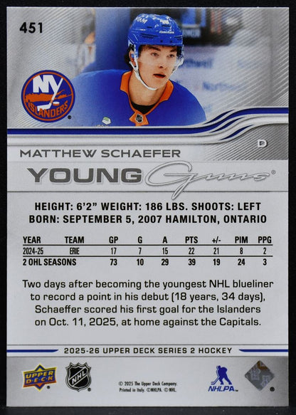 2025-26 Upper Deck Series 2 Young Guns Matthew Schaefer 451 Islanders RC 3961