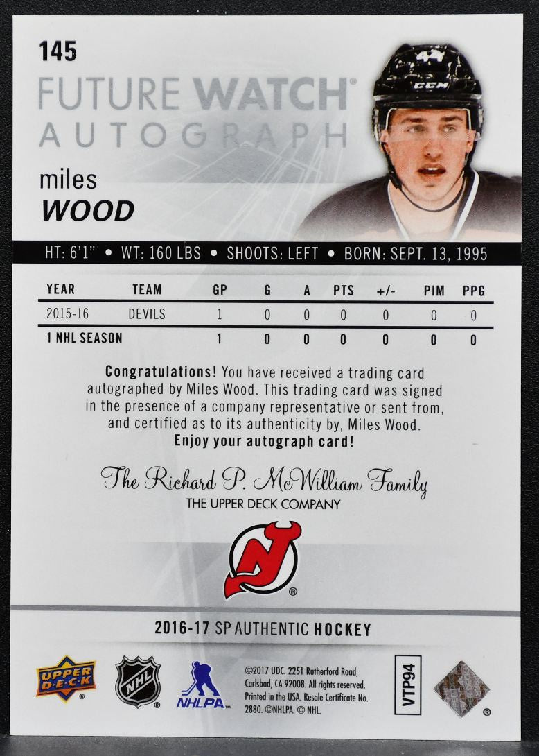 2016-17 SP Authentic Future Watch Auto Miles Wood Devils RC Auto 828/999 0095