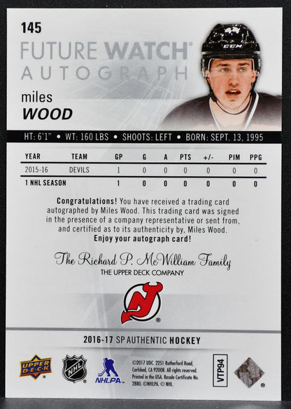 2016-17 SP Authentic Future Watch Auto Miles Wood Devils RC Auto 828/999 0095
