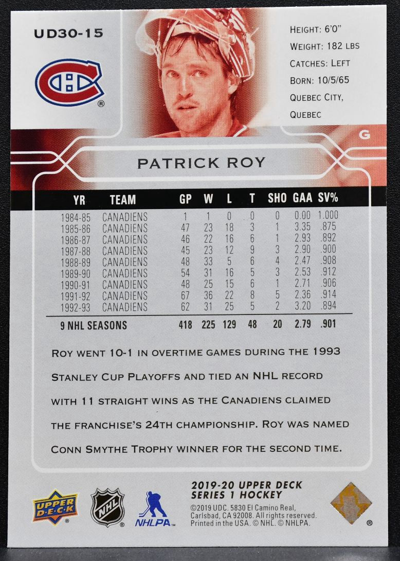 2019-20 Upper Deck Series 1 30 Years of UD Patrick Roy UD30-15 Canadiens 8440