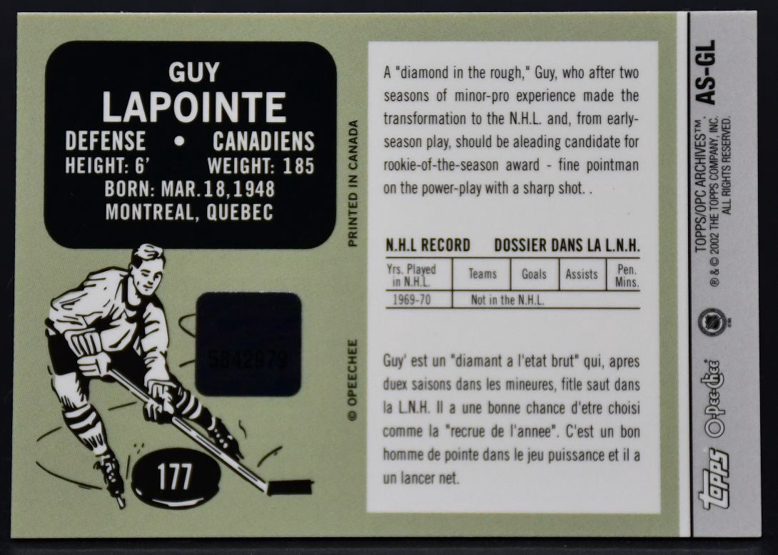Archives Topps/OPC 2001-02 Sièges d'aréna Guy Lapointe AS-GL