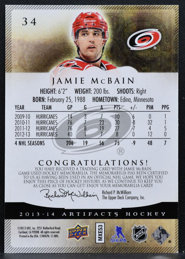 2013-14 UD Artifacts Jersey / Silver Jamie McBain Hurricanes 106/125 Jersey 4480