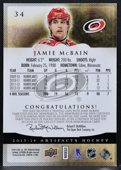2013-14 UD Artifacts Jersey / Silver Jamie McBain Hurricanes 106/125 Jersey 4480