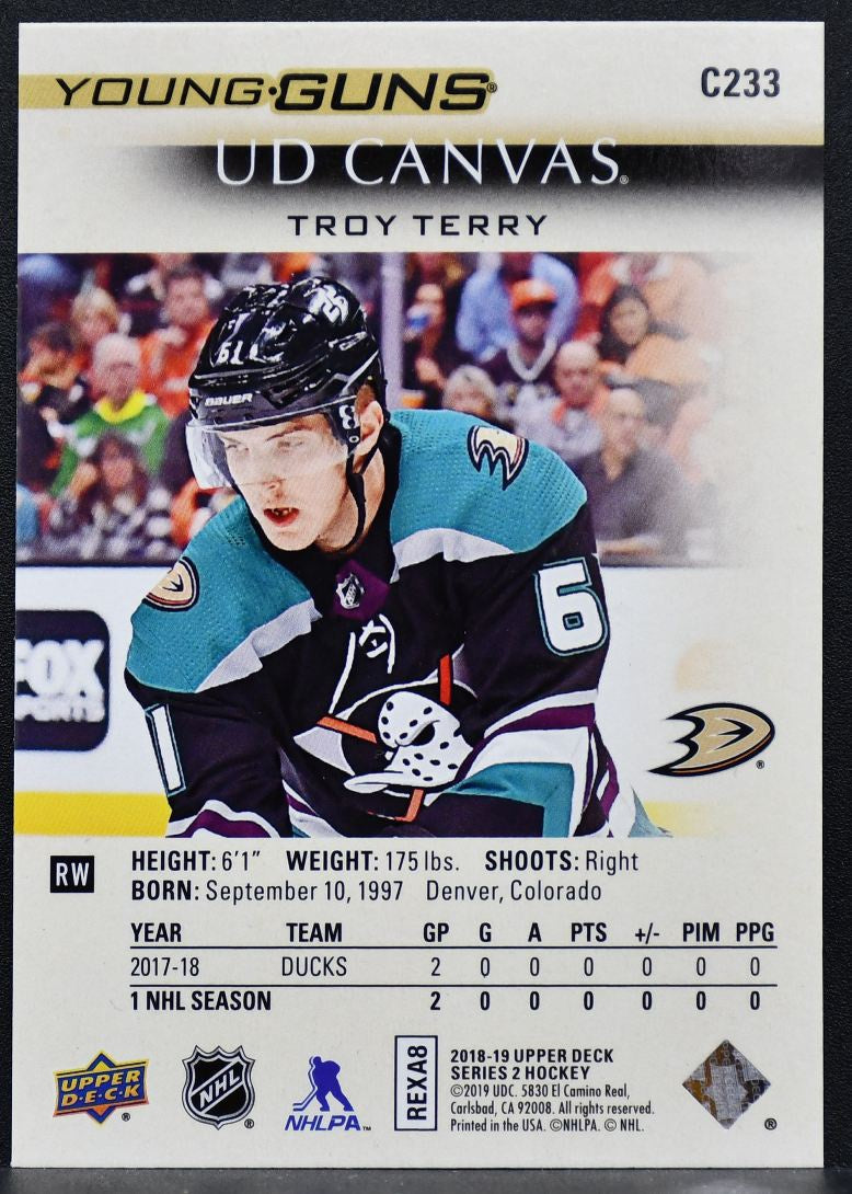 2018-19 UD Series 2 UD Canvas Young Guns Troy Terry C233 Anaheim Ducks RC 8595