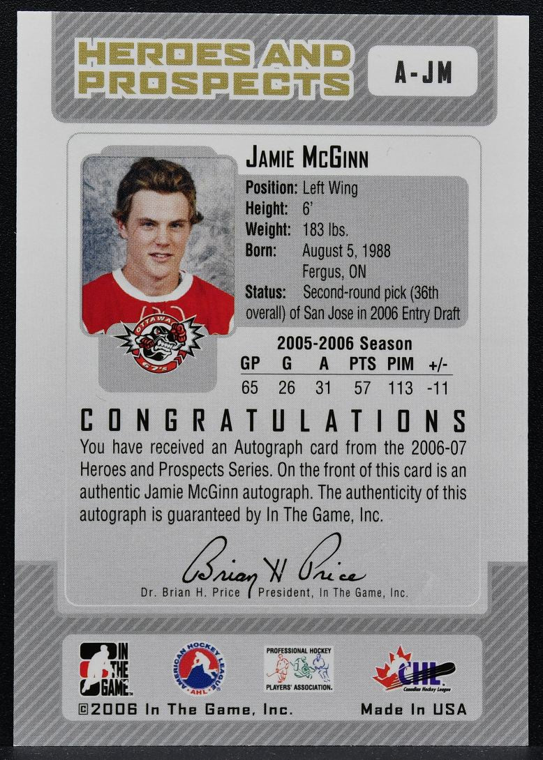 2006-07 In The Game Heroes and Prospects Auto Jamie McGinn A-JM Auto 9774