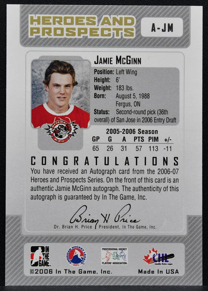 2006-07 In The Game Heroes and Prospects Auto Jamie McGinn A-JM Auto 9774