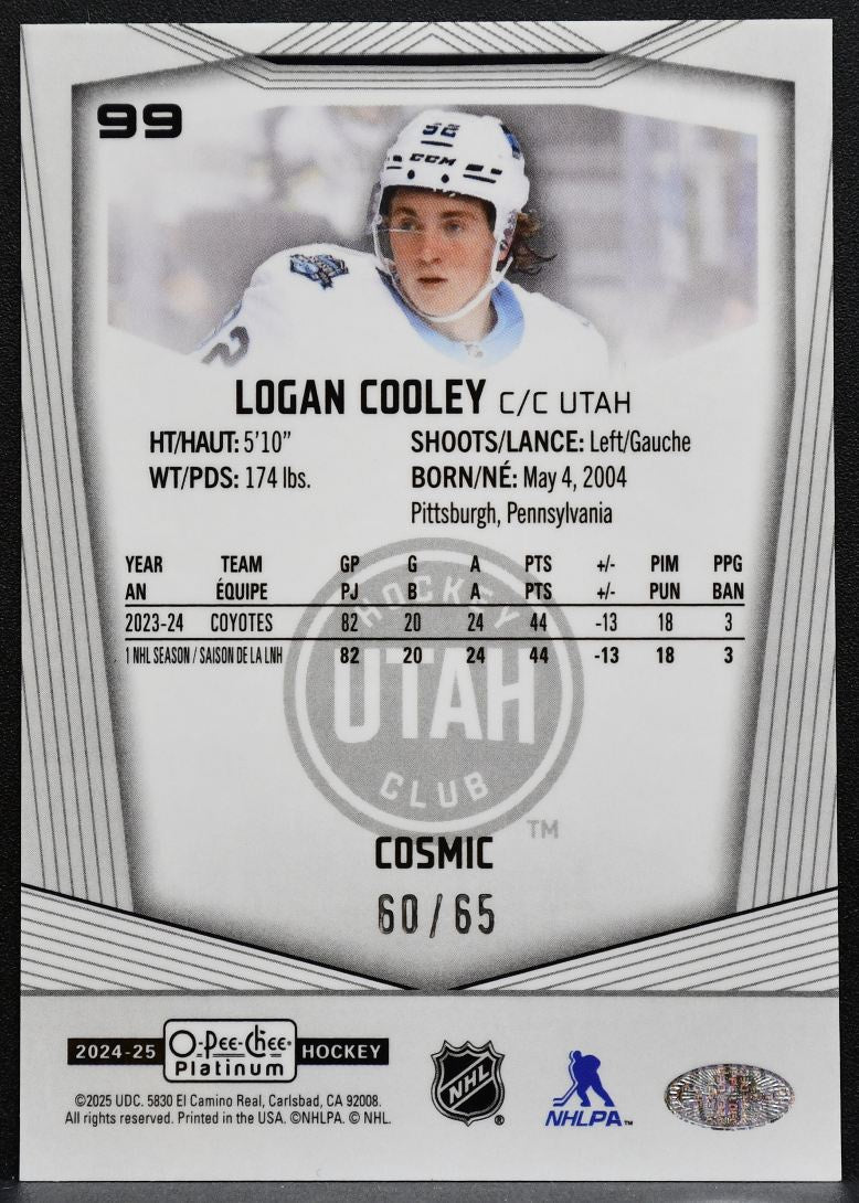 2024-25 O-Pee-Chee Platinum Cosmic Logan Cooley 99 Utah Hockey Club 60/65 9522