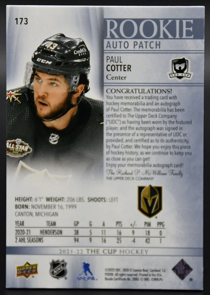 2021-22 UD The Cup Cotter 173 Vegas Golden Knights RC Auto 051/249 Patch
