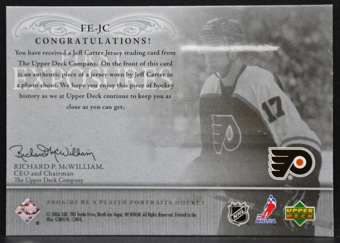 2006-07 Be A Player Portraits First Exposures Jeff Carter FE-JC Flyers Jersey 2417