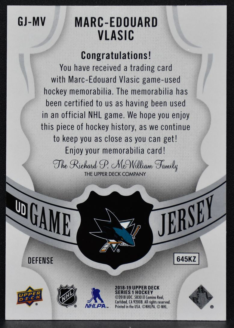 2018-19 UD Series 1 UD Game Jersey Marc-Edouard Vlasic Sharks Jersey 2968