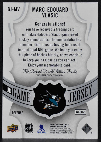 2018-19 UD Series 1 UD Game Jersey Marc-Edouard Vlasic Sharks Jersey 2968