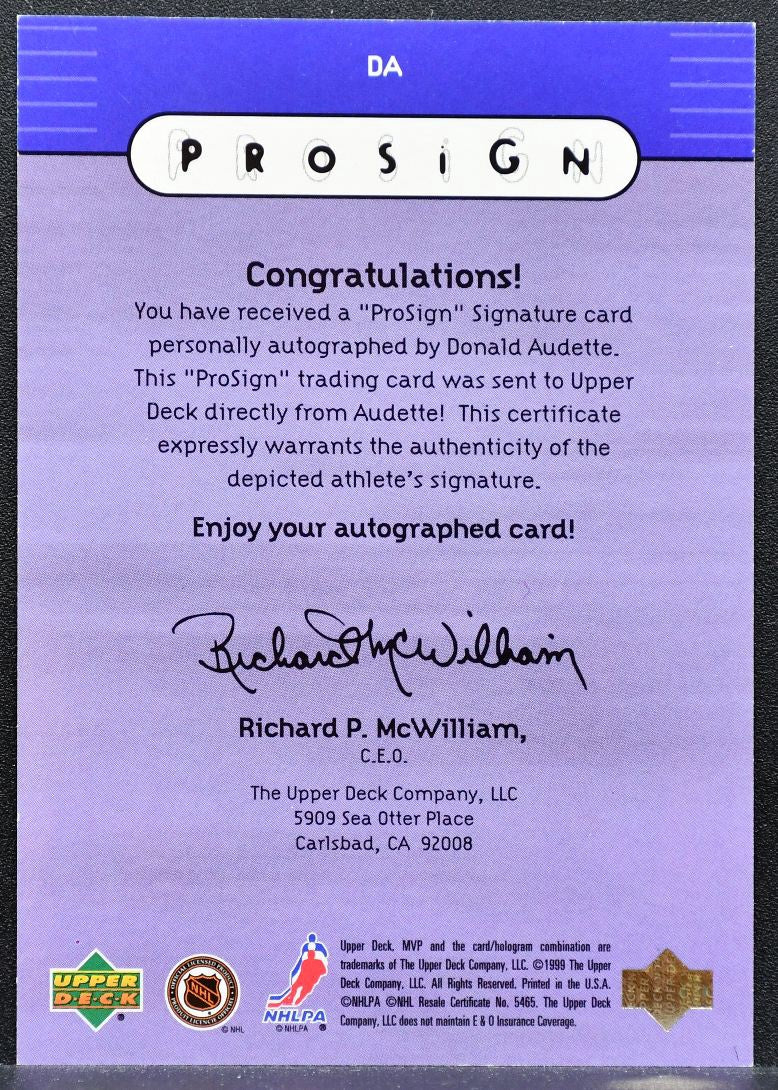 1999-100 Upper Deck MVP ProSign Donald Audette DA Los Angeles Kings Auto 1023