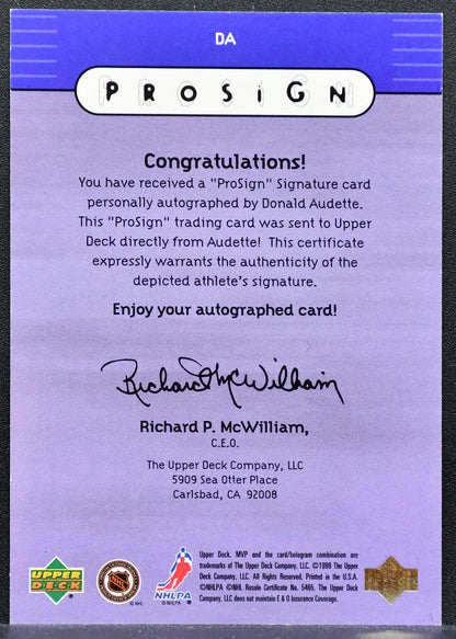 1999-100 Upper Deck MVP ProSign Donald Audette DA Los Angeles Kings Auto 1023