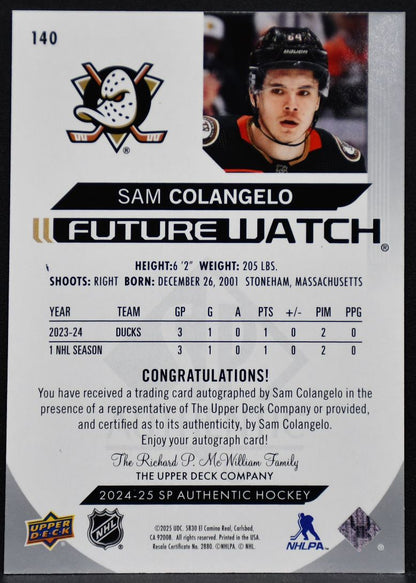 2024-25 SP Authentic Future Watch Auto Sam Colangelo 140 Anaheim RC Auto 095/999