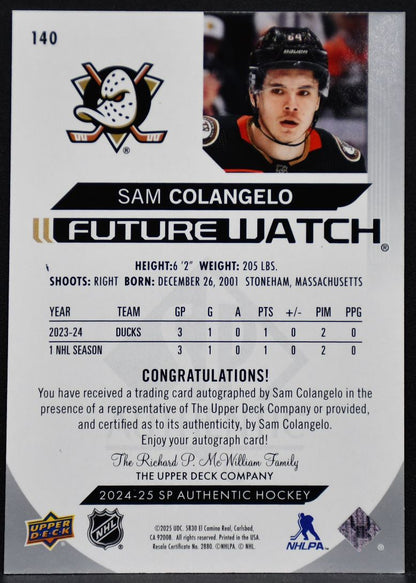 2024-25 SP Authentic Future Watch Auto Sam Colangelo 140 Anaheim RC Auto 095/999
