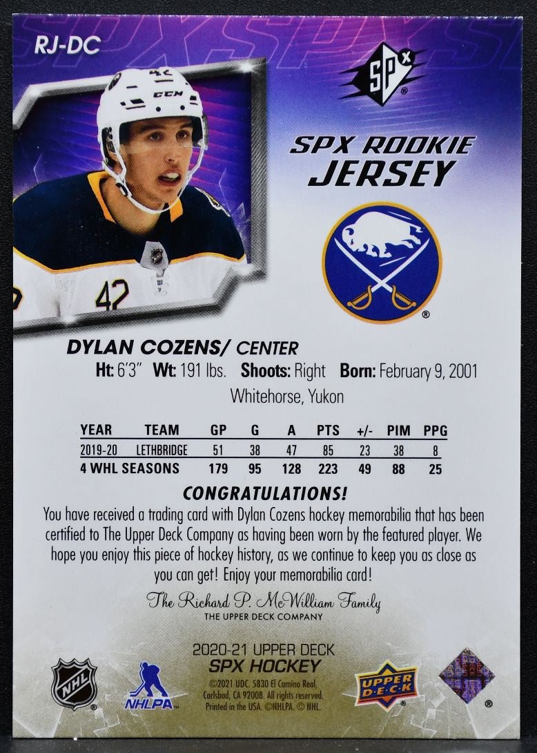 2020-21 SPx Rookie Jersey Gold Spectrum Dylan Cozens Sabres RC 31/99 Jersey 6434