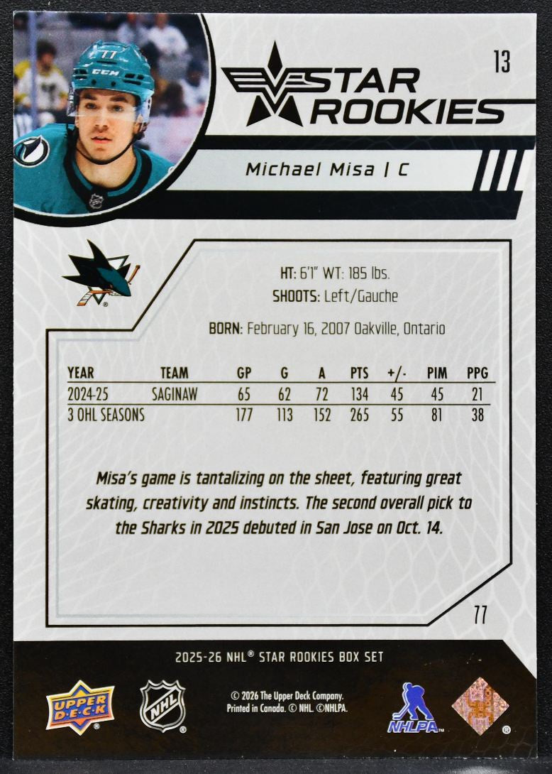 2025-26 Upper Deck NHL Star Rookies Box Set Michael Misa 13 Sharks RC 6135