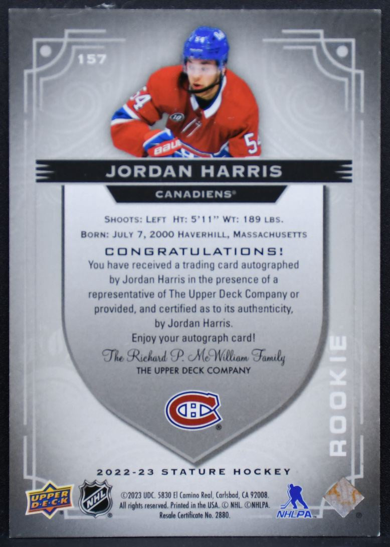2022-23 UD Stature RC Auto Jordan Harris 157 Canadiens RC Auto 048/199 7990