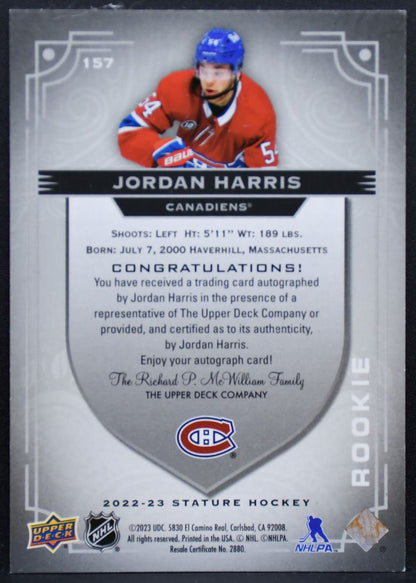 2022-23 UD Stature RC Auto Jordan Harris 157 Canadiens RC Auto 048/199 7990