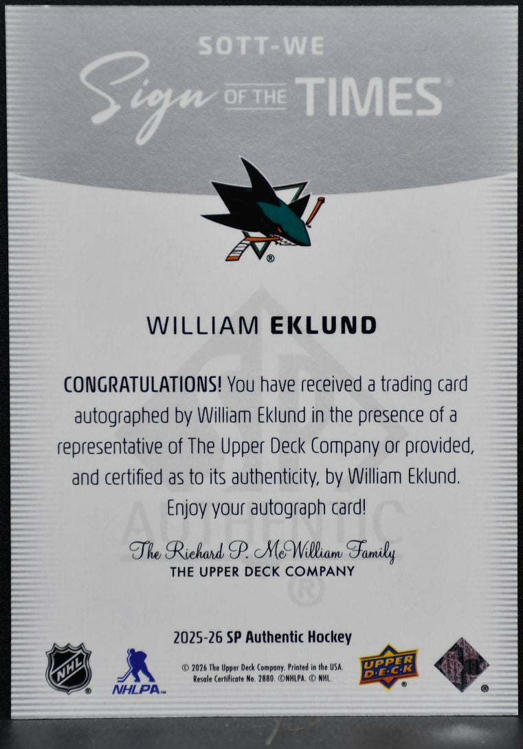 2025-26 SP Authentic Sign of the Times William Eklund Sharks Auto 6032