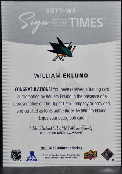 2025-26 SP Authentic Sign of the Times William Eklund Sharks Auto 6032