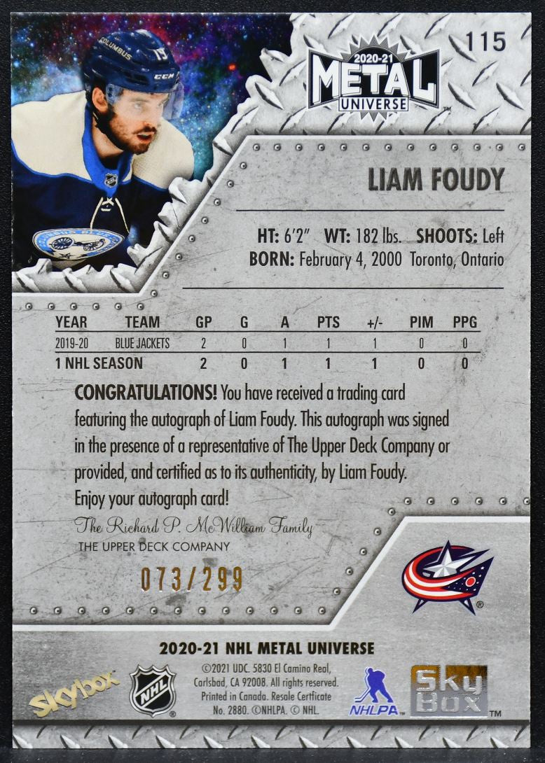 2020-21 Skybox Metal Universe Silver Foudy 115 Blue Jackets RC Auto 073/299 5521