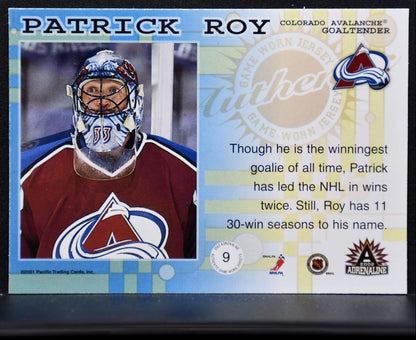 2001-02 Pacific Adrenaline Jersey Patrick Roy 9 Colorado Avalanche Jersey 6446