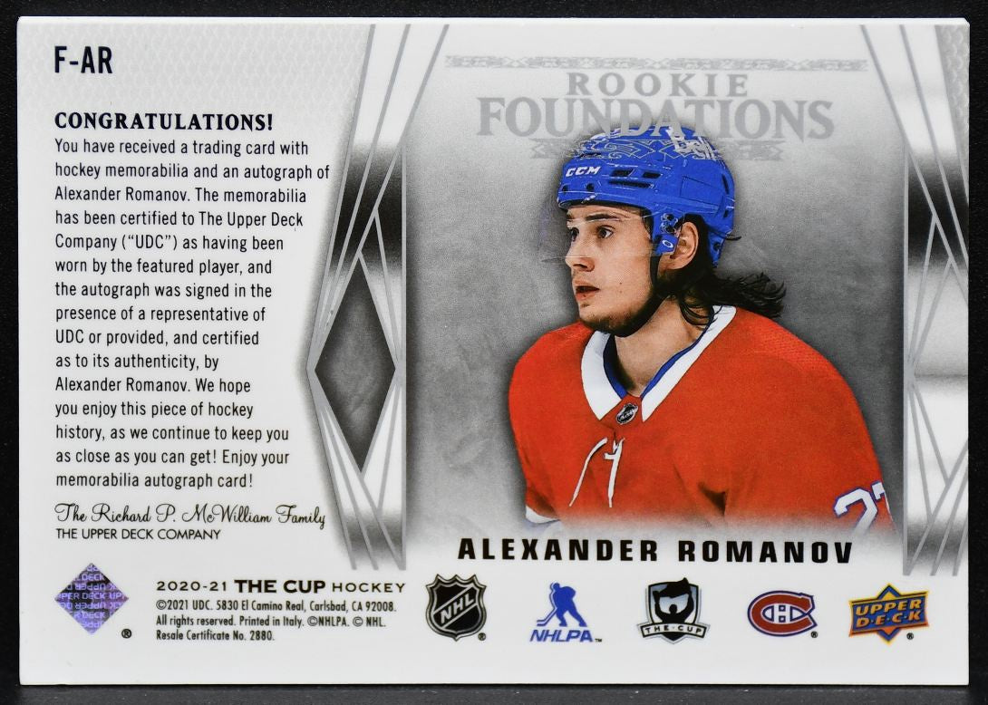 2020-21 UD The Cup Foundations Romanov F-AR Canadiens RC Auto 07/15 Jersey 4777