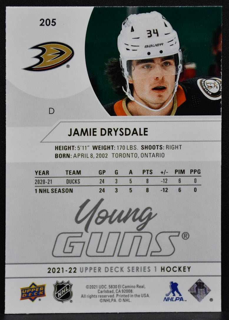2021-22 Upper Deck Series 1 Young Guns Jamie Drysdale 205 Anaheim Ducks RC 2142