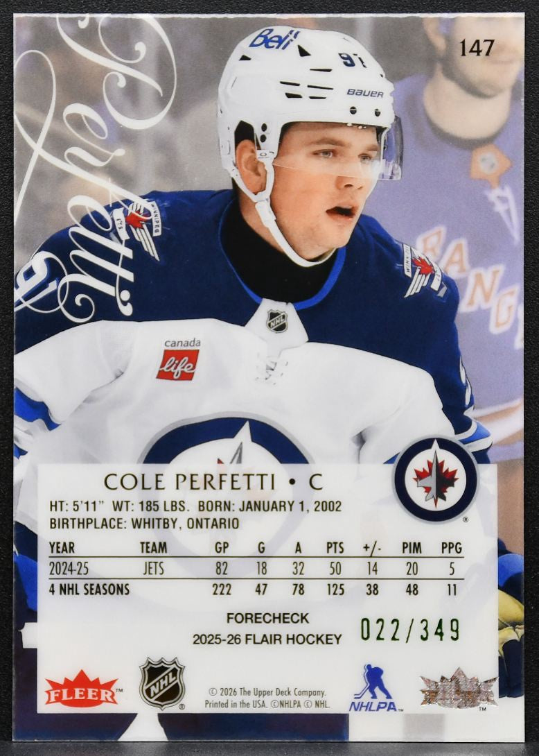 2025-26 Flair Image B Variant Cole Perfetti 147 Winnipeg Jets 022/349 4636