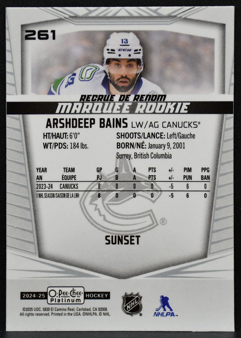 2024-25 OPC Platinum Marquee Rookie Sunset Arshdeep Bains 261 Canucks RC 6863