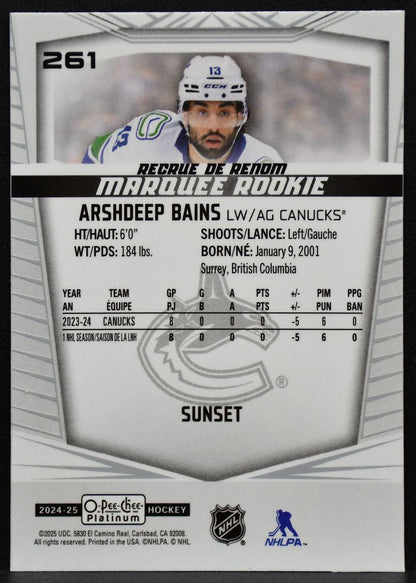 2024-25 OPC Platinum Marquee Rookie Sunset Arshdeep Bains 261 Canucks RC 6863